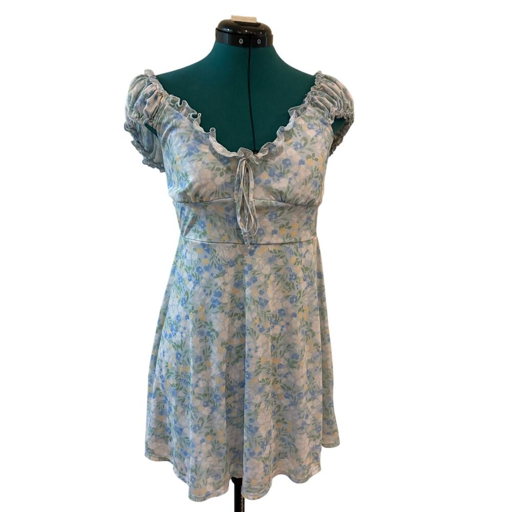 Altar'd State Floral Mini Dress Women's L Blue Puff Sleeve Tie Front Cottagecore